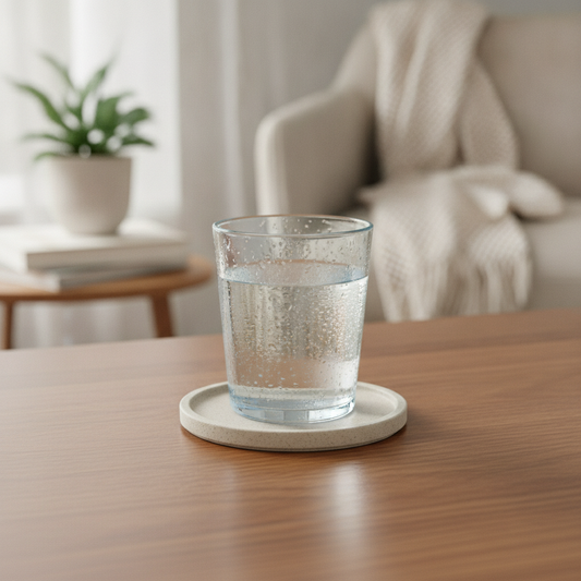 Dessous de verre en diatomite avec un verre d'eau fraîche posé sur une table en bois