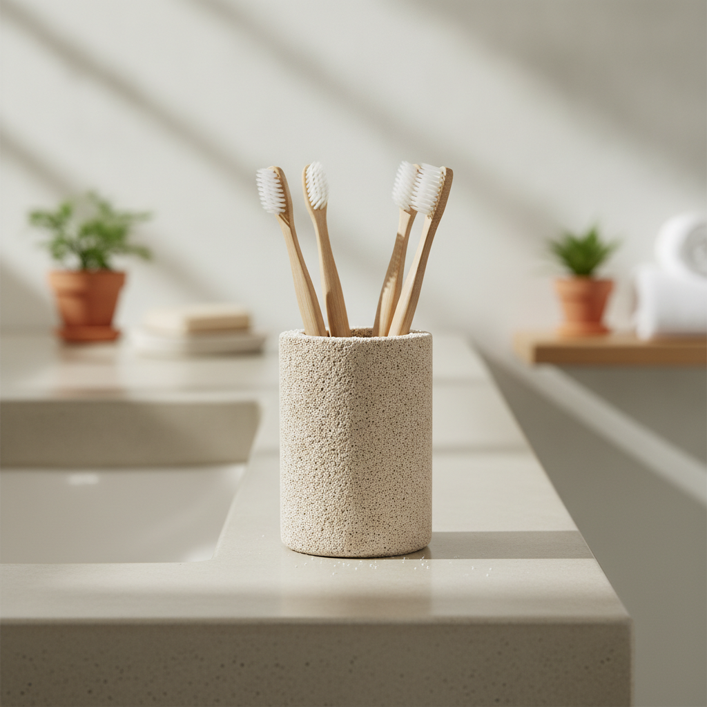 Porte-brosse à dents en diatomite avec brosses posées sur un plan vasque épuré