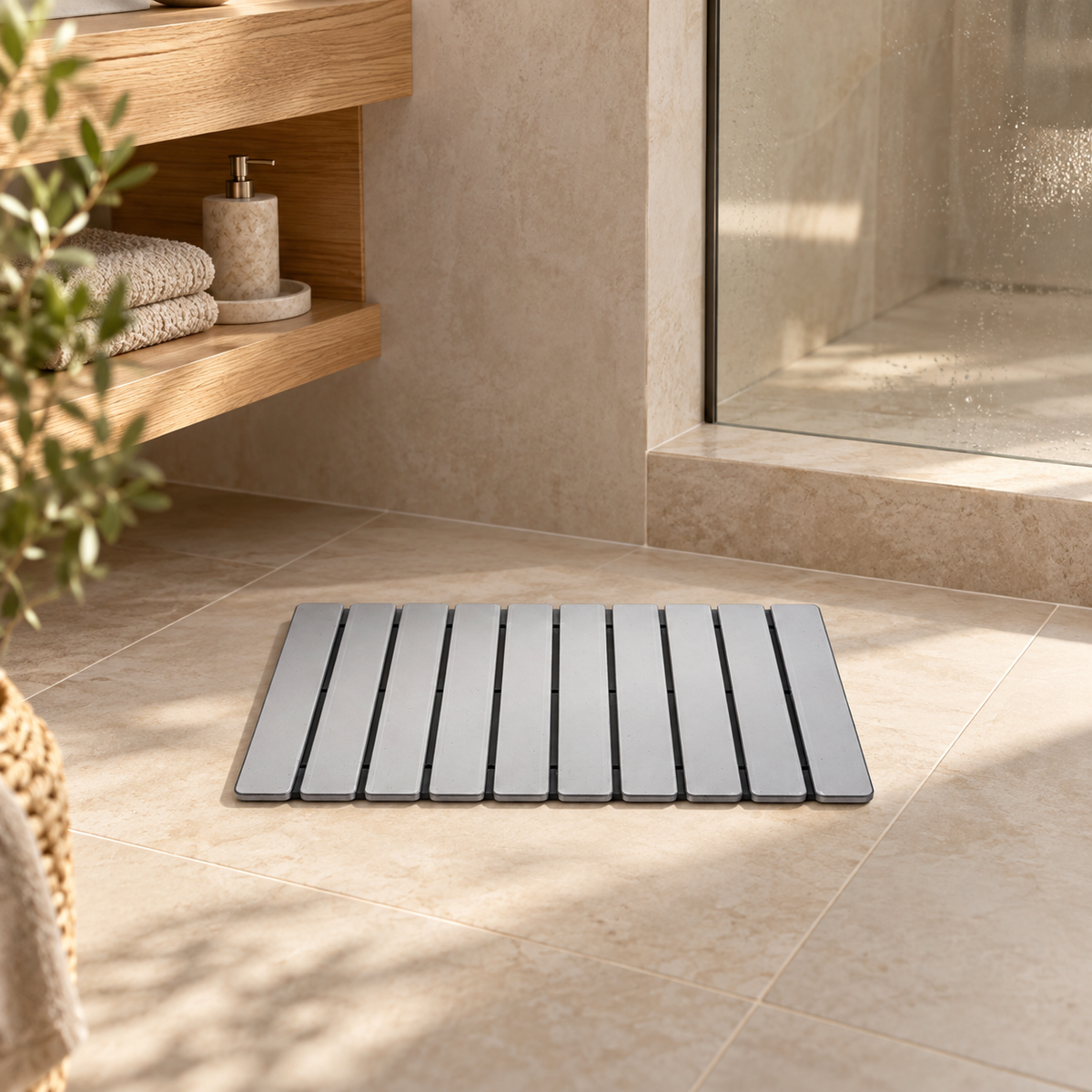 Caillebotis Diatomite – Gris Argent près d’une baignoire