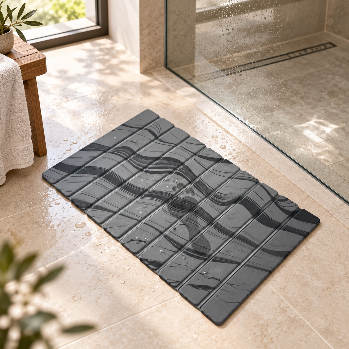 Caillebotis Diatomite Marbre – Gris Orage dans une salle de bain lumineuse