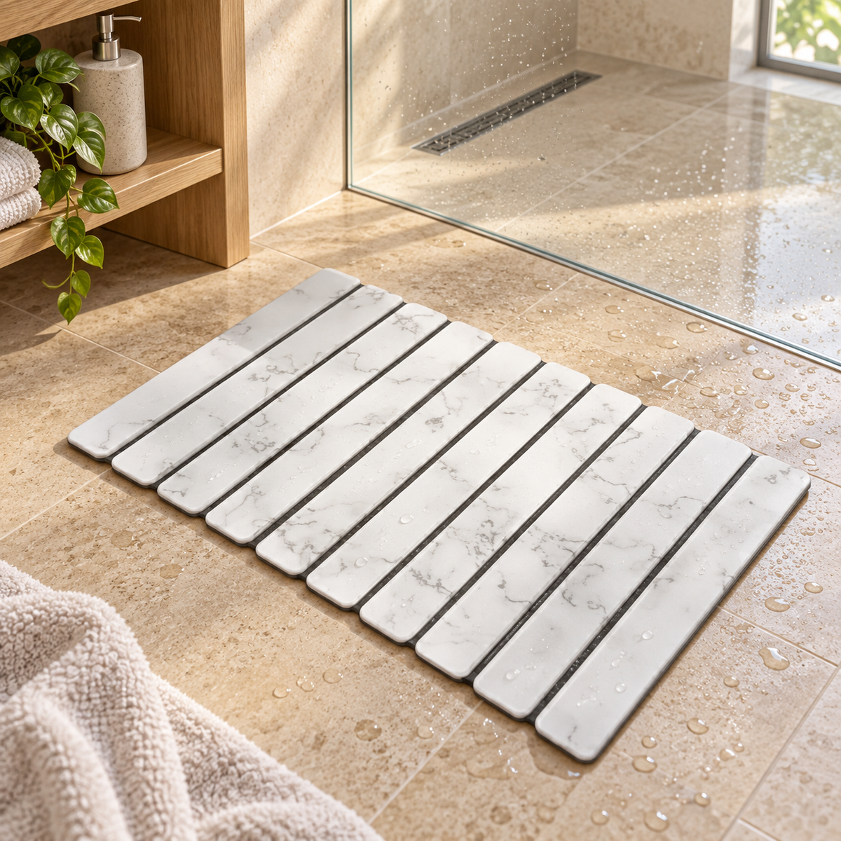 Caillebotis Diatomite Marbre – Blanc Pierre de Lune dans une salle de bain lumineuse
