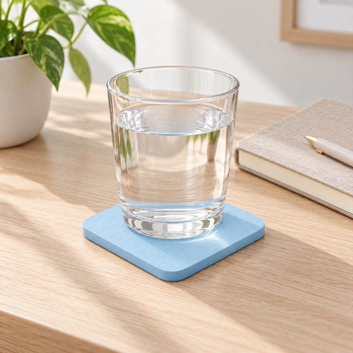 Dessous De Verre En Diatomite Bleue – Bleu ciel / 8x8cm, Bleu ciel / 10x10cm sur un bureau lumineux