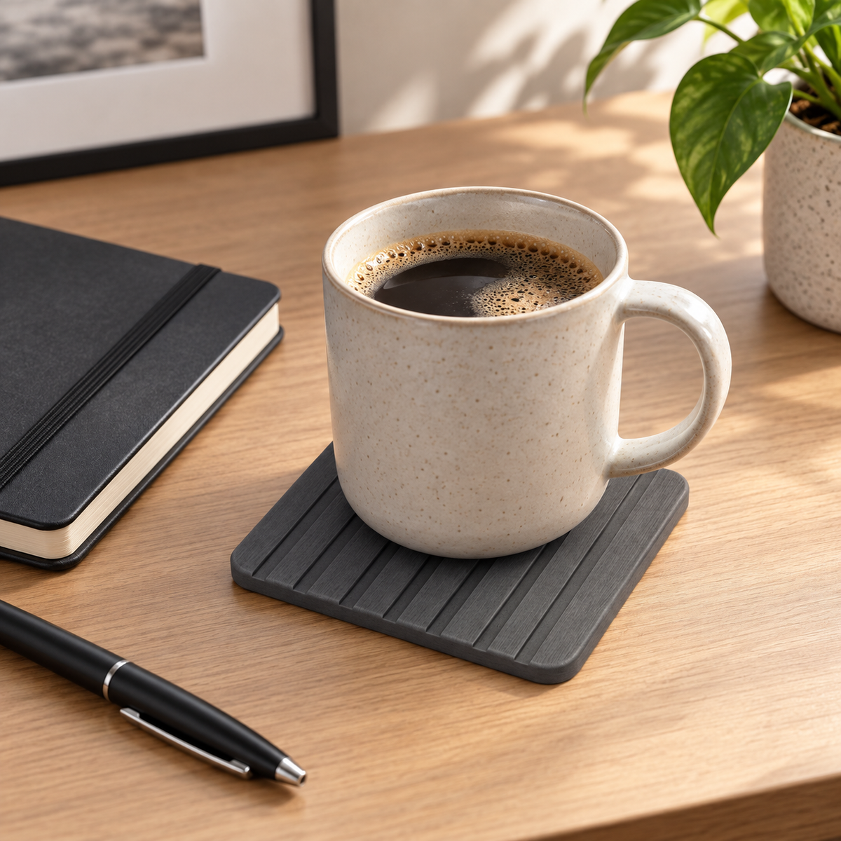 Dessous De Verre En Diatomite Grise – Gris Foncé sur un bureau lumineux