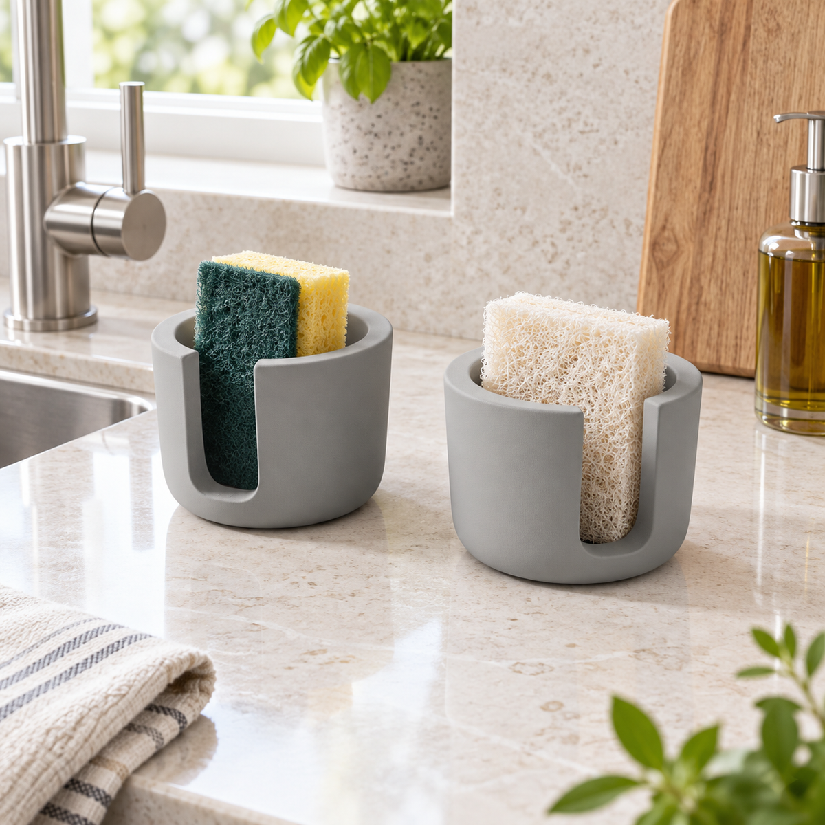 Lot De 2 Porte Éponge En Diatomite – Gris dans une cuisine aux détails en bois