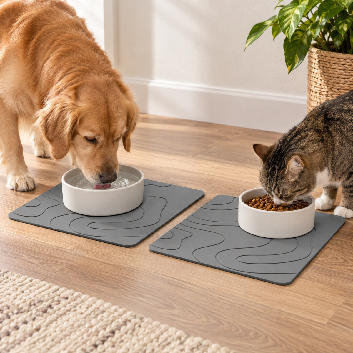 Lot De 2 Tapis Diatomite Pour Animaux – Gris / 30x40cm, Gris / 35x45cm, Gris / 40x60cm dans une cuisine lumineuse