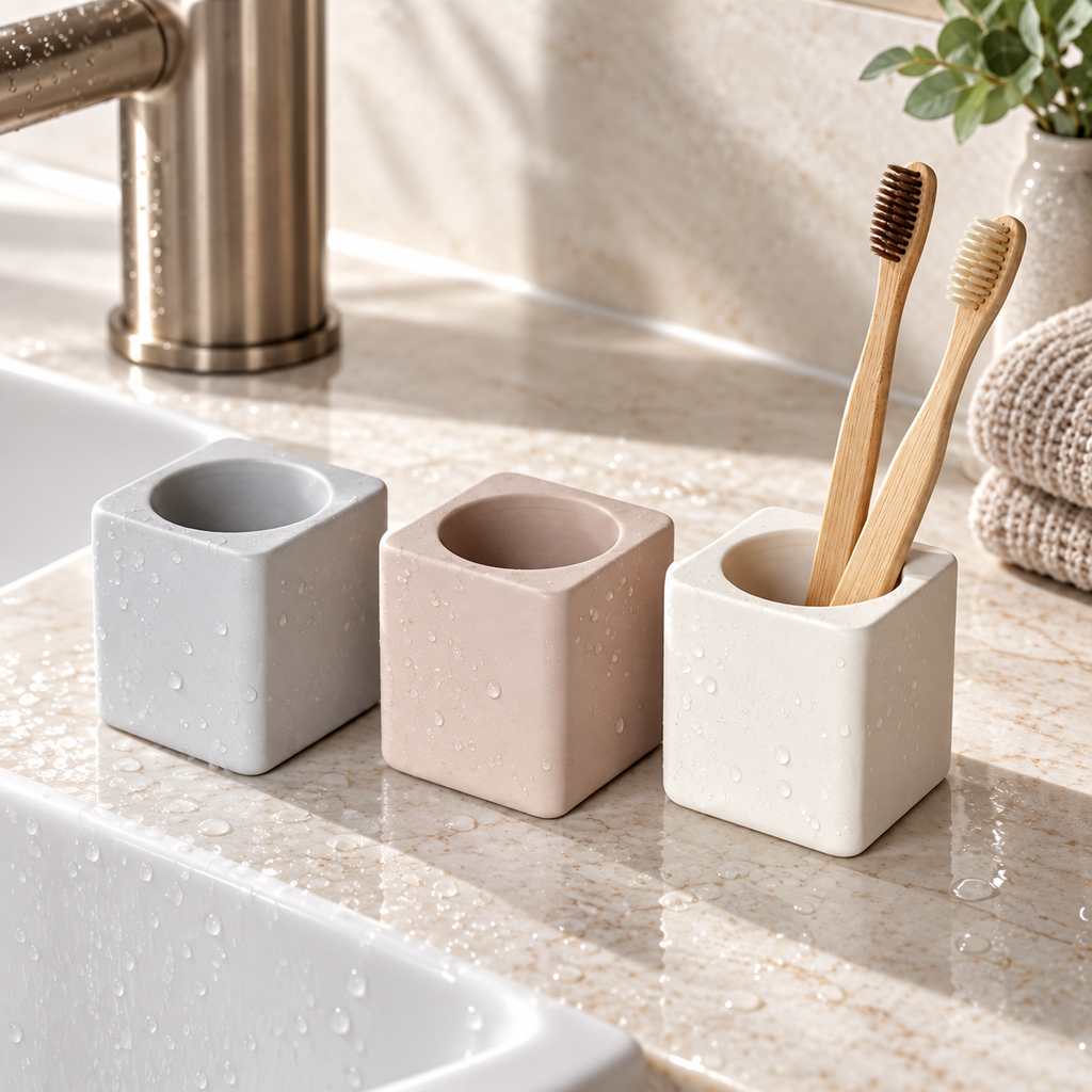 Lot De 3 Porte Brosse À Dents Diatomite sur une étagère ambiance spa