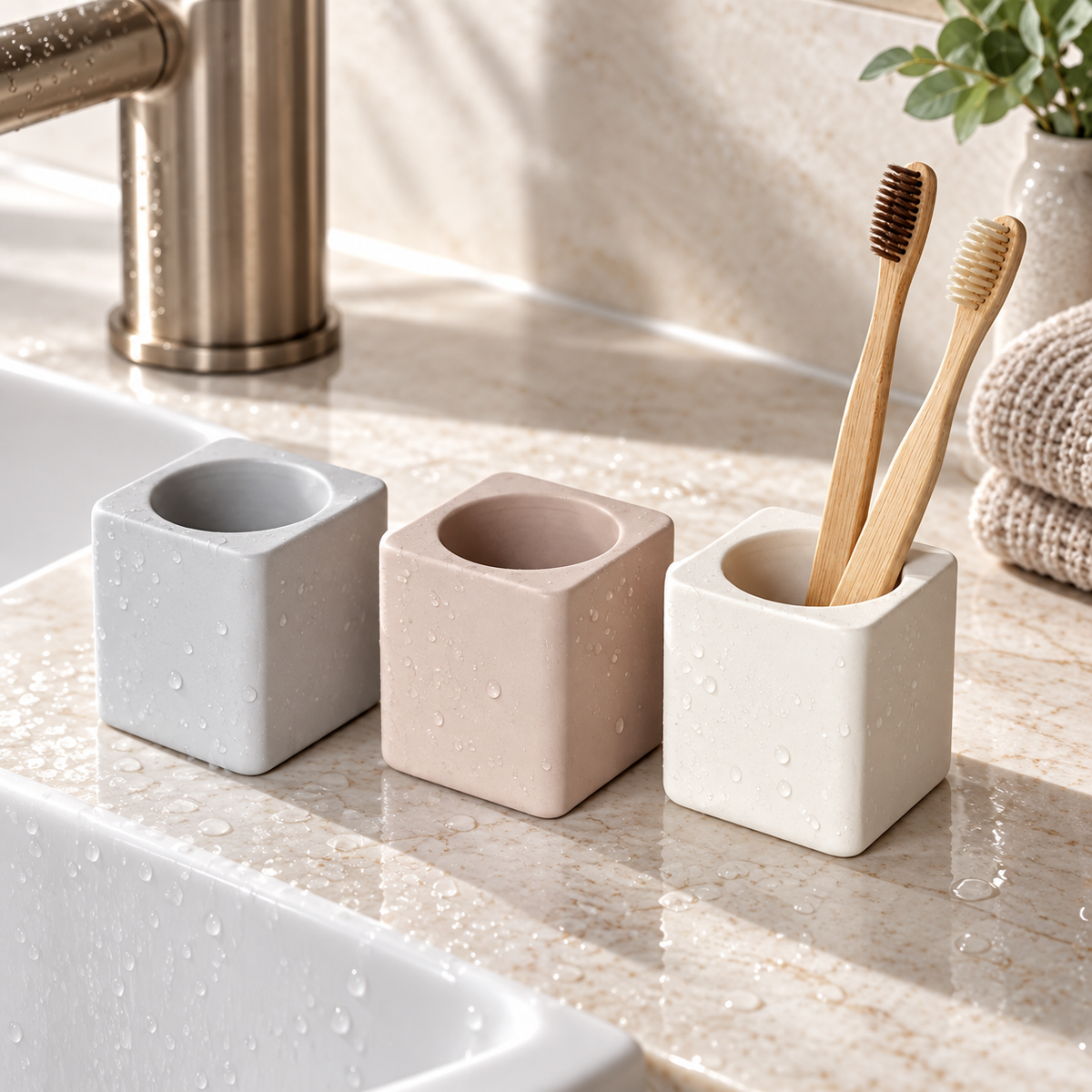 Lot De 3 Porte Brosse À Dents Diatomite sur une étagère ambiance spa