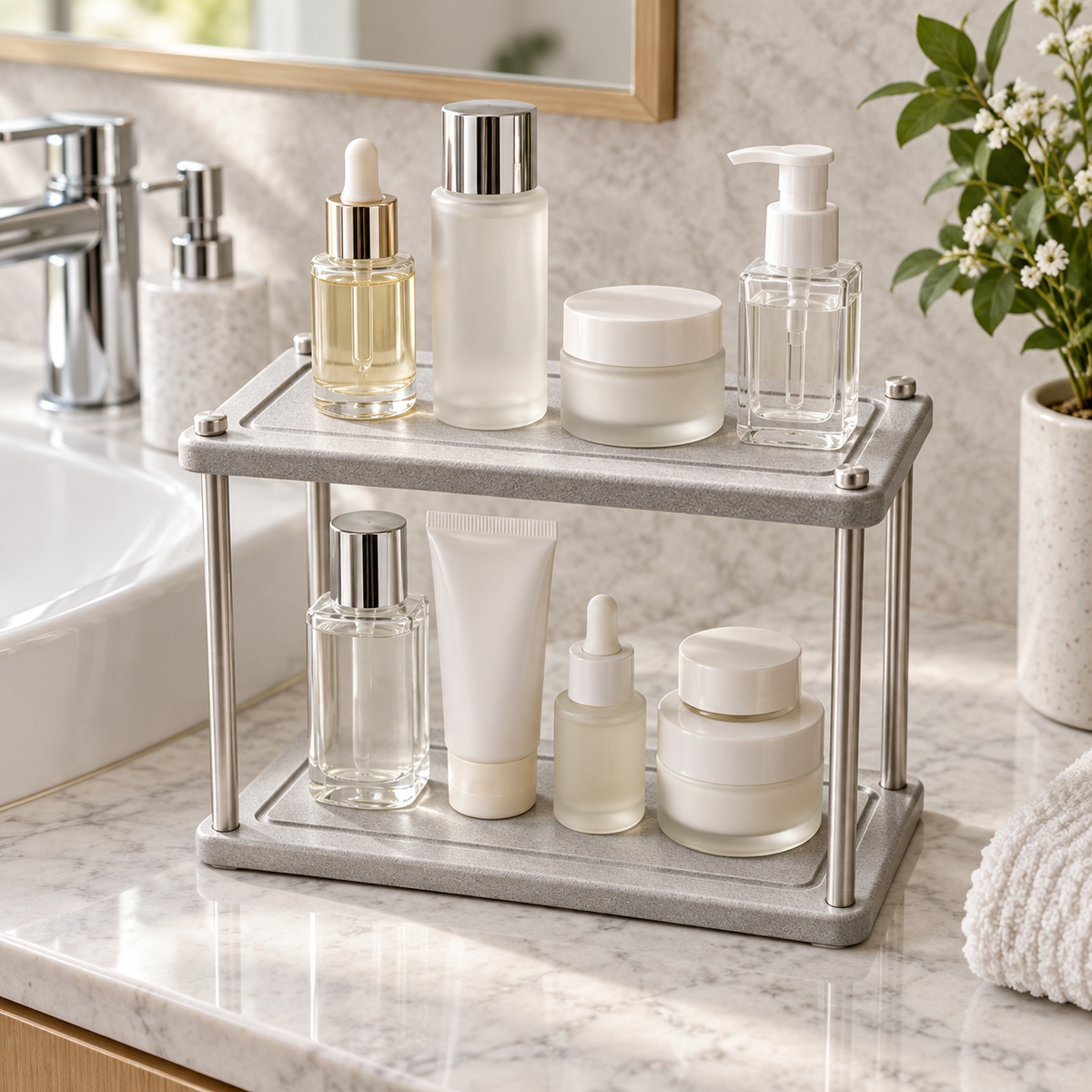 Organisateur De Salle De Bain Diatomite Gris sur un lavabo lumineux