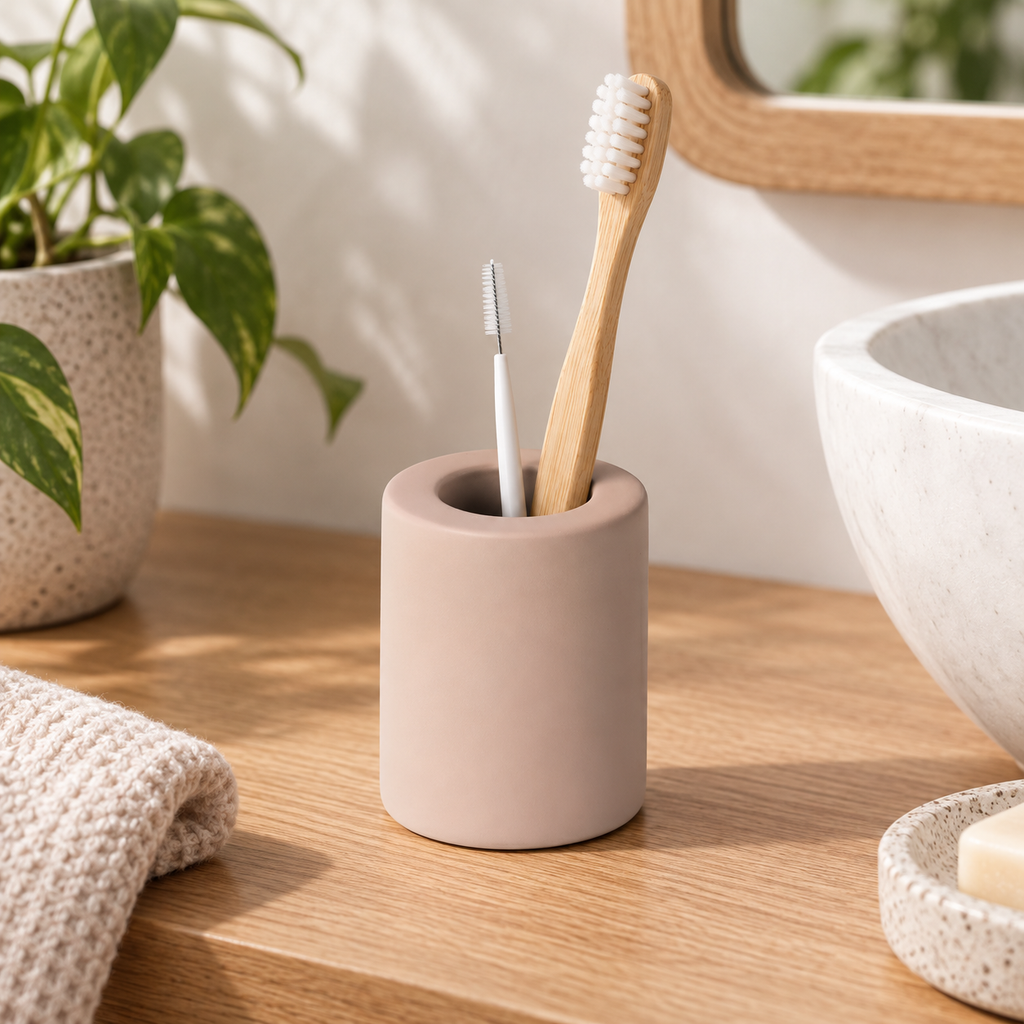 Petit Porte Brosse À Dent En Diatomite – Marron sur un meuble de salle de bain en bois