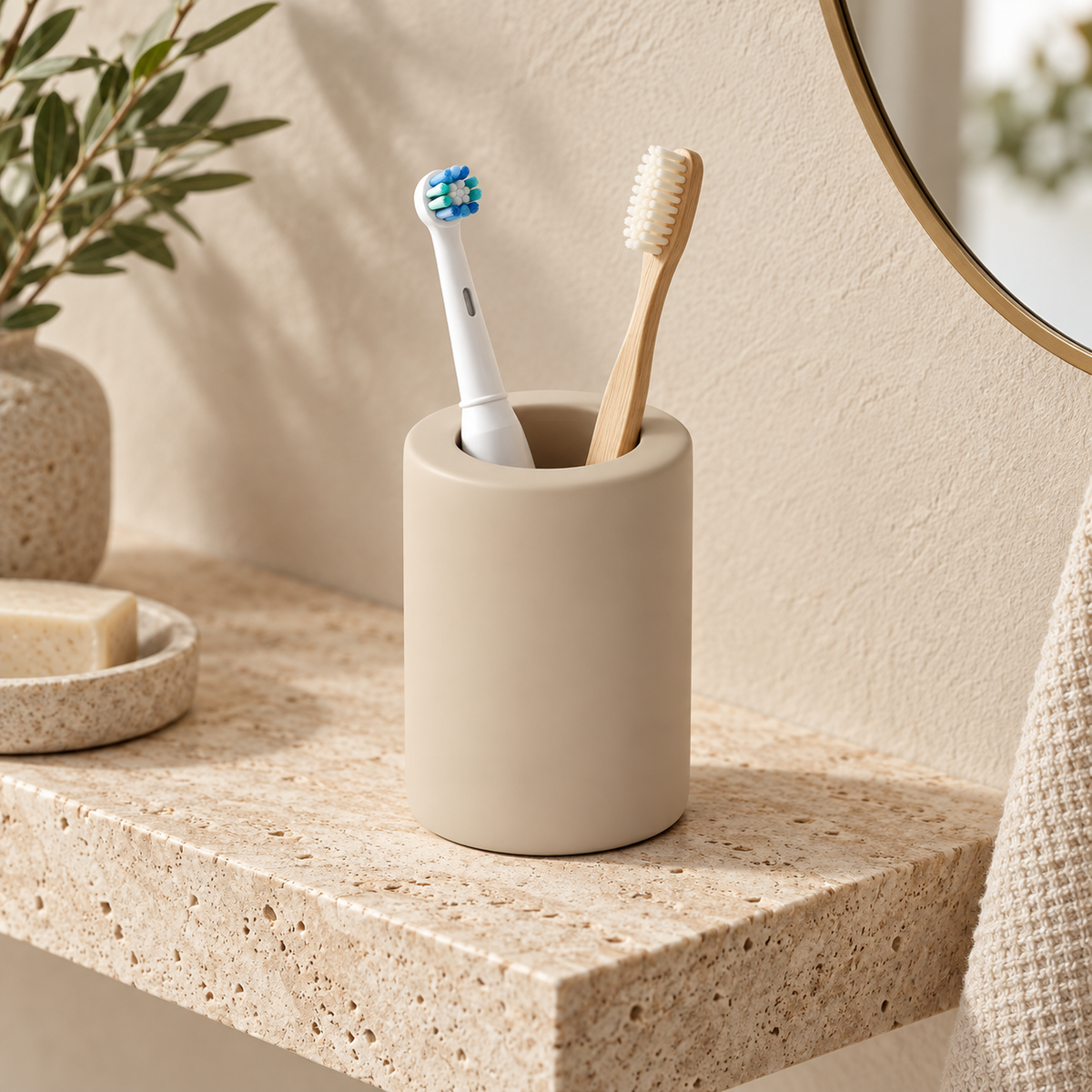 Petit Porte Brosse À Dent En Diatomite – Beige sur un meuble de salle de bain en bois