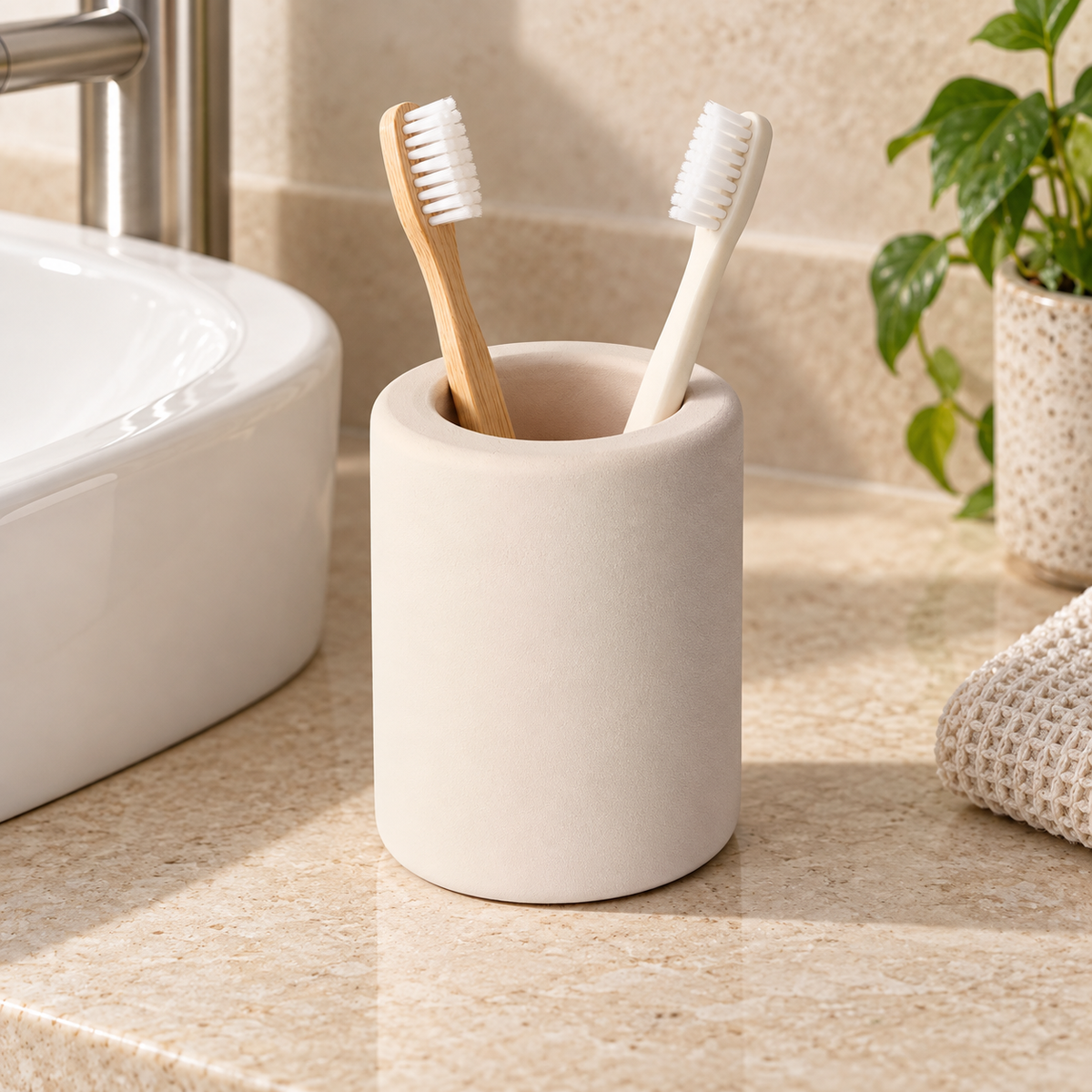 Porte Brosse À Dent En Diatomite Beige sur un lavabo lumineux