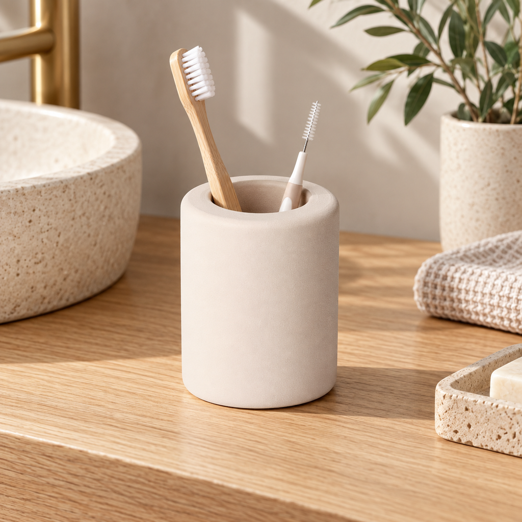 Porte Brosse À Dent En Diatomite Beige sur un meuble de salle de bain en bois