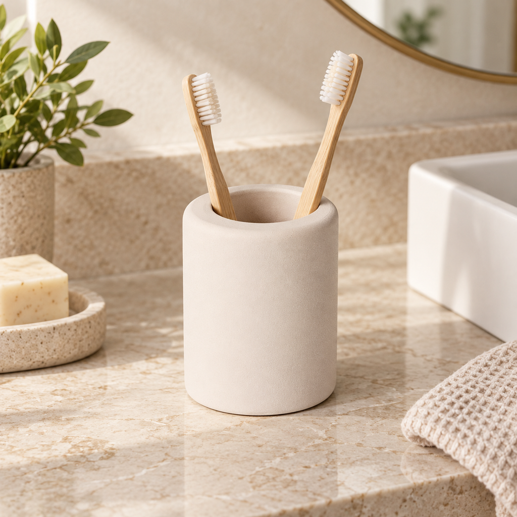 Porte Brosse À Dent En Diatomite Beige sur une étagère ambiance spa