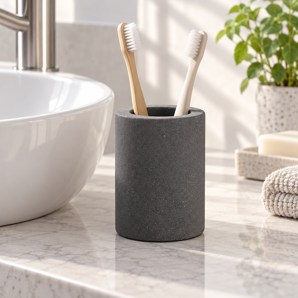 Porte Brosse À Dent En Diatomite Gris – Gris Foncé sur un meuble de salle de bain en bois