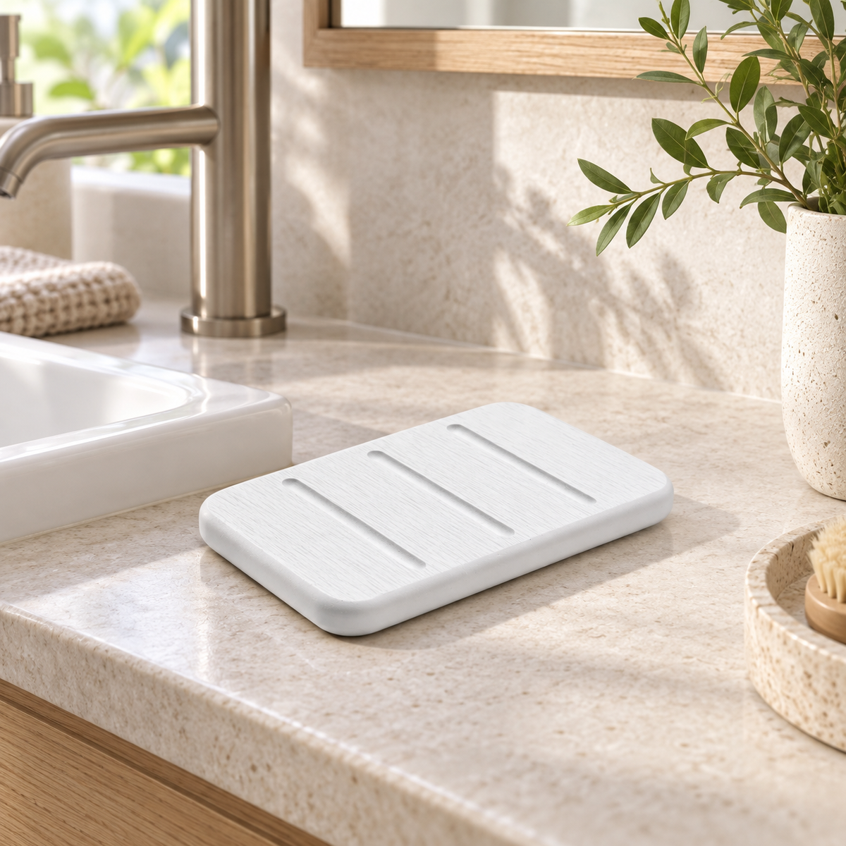 Porte Savon Blanc sur un lavabo lumineux