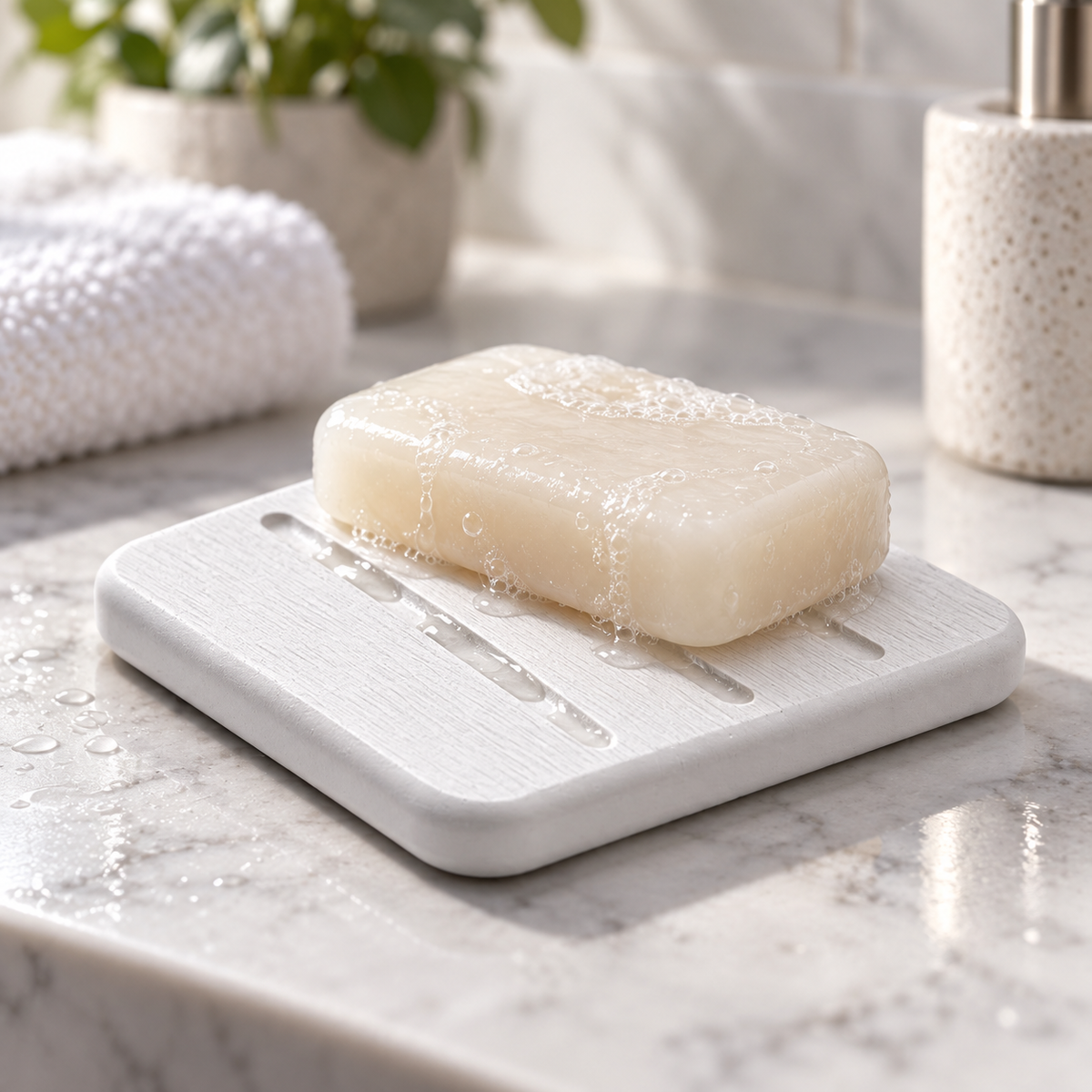 Porte Savon Design – Blanc sur une étagère ambiance spa