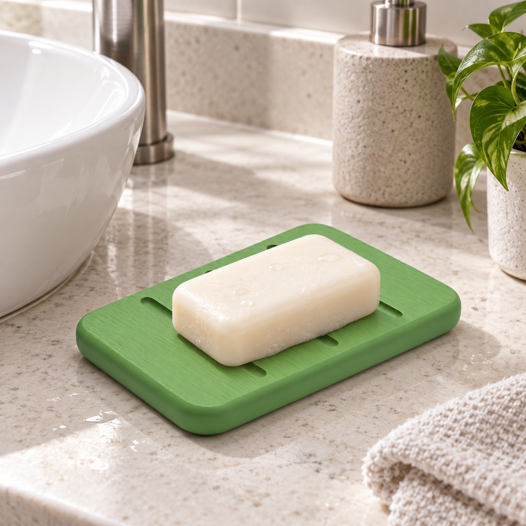 Porte Savon Design – Vert sur un lavabo lumineux