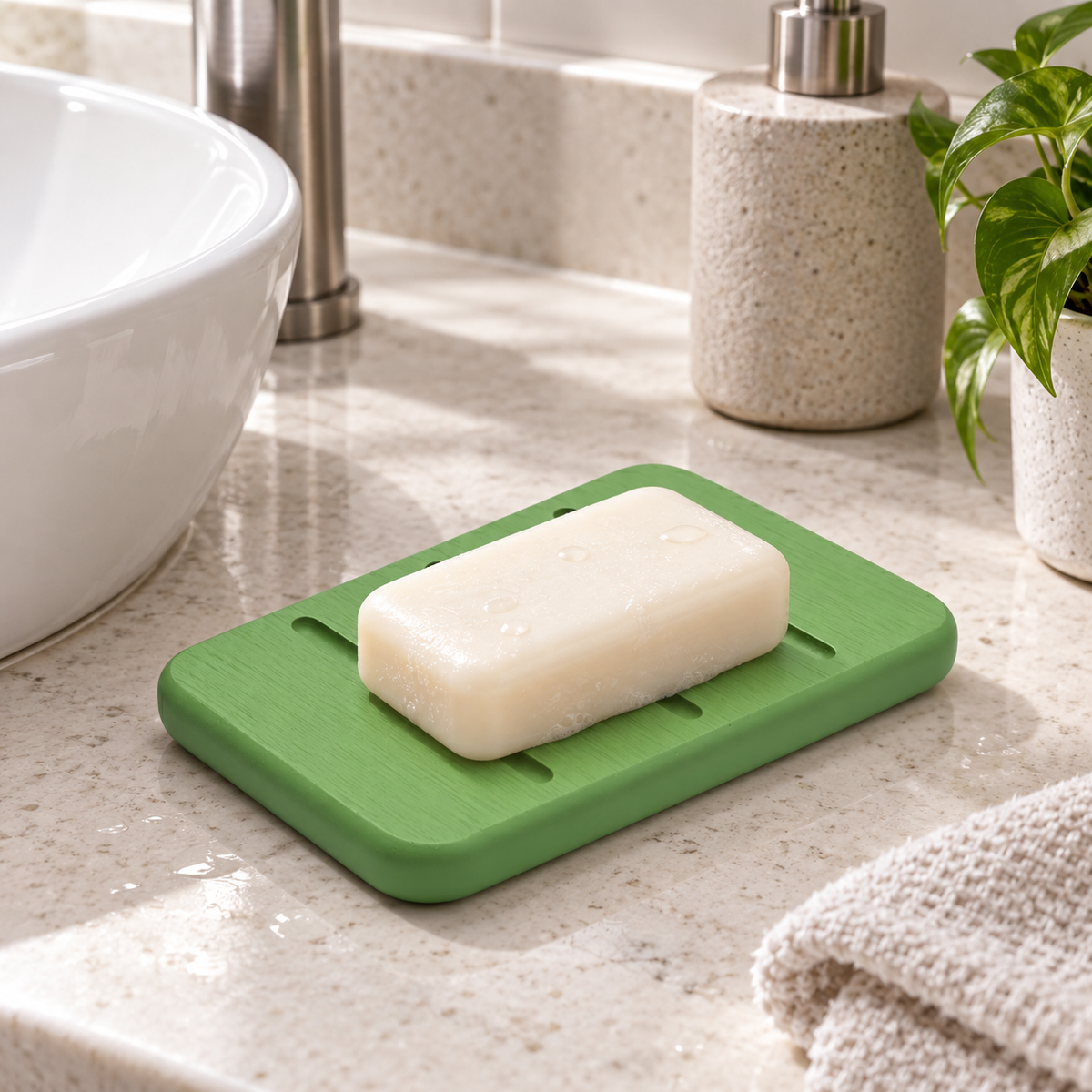 Porte Savon Design – Vert sur un lavabo lumineux