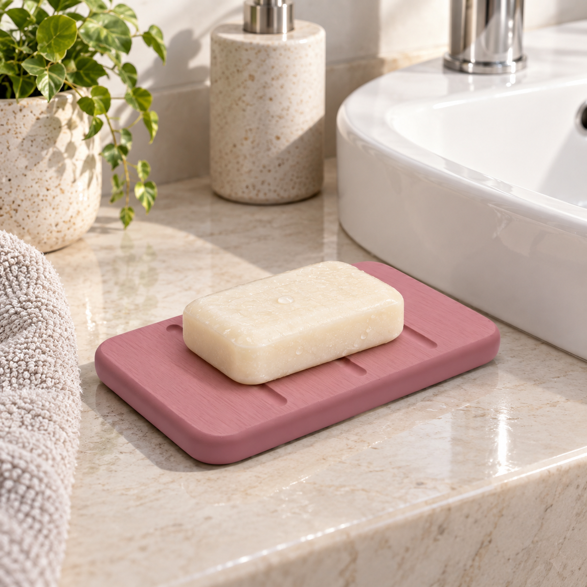 Porte Savon Design – Rose sur un lavabo lumineux