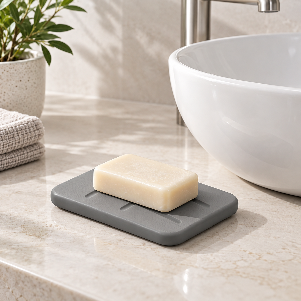 Porte Savon Design – Gris sur un lavabo lumineux