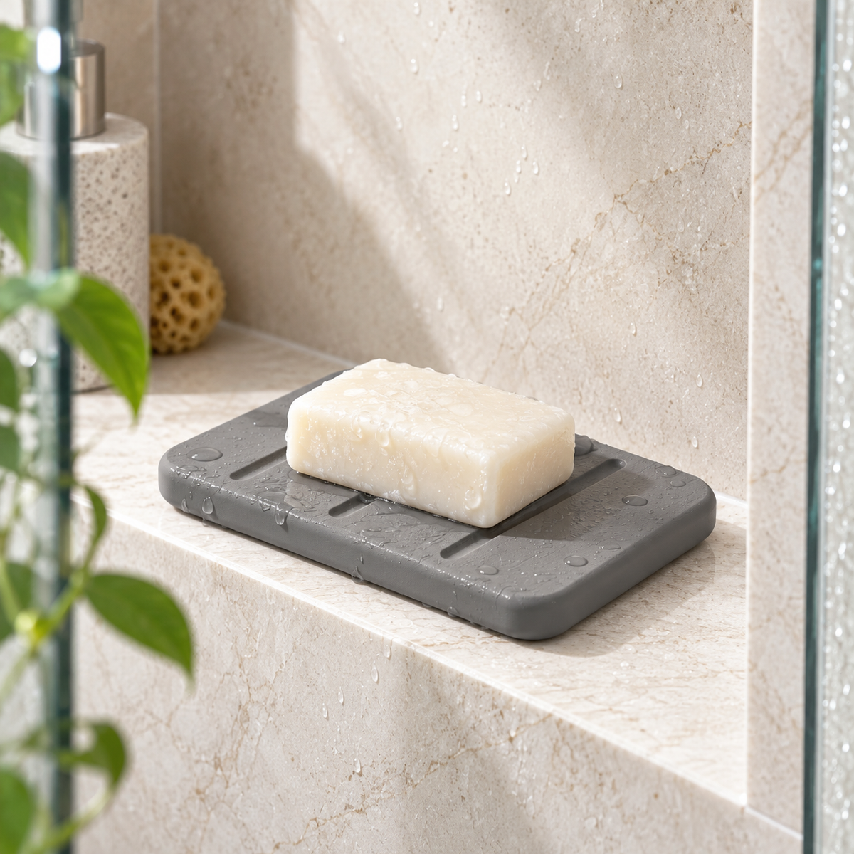 Porte Savon Design – Gris sur un meuble de salle de bain en bois