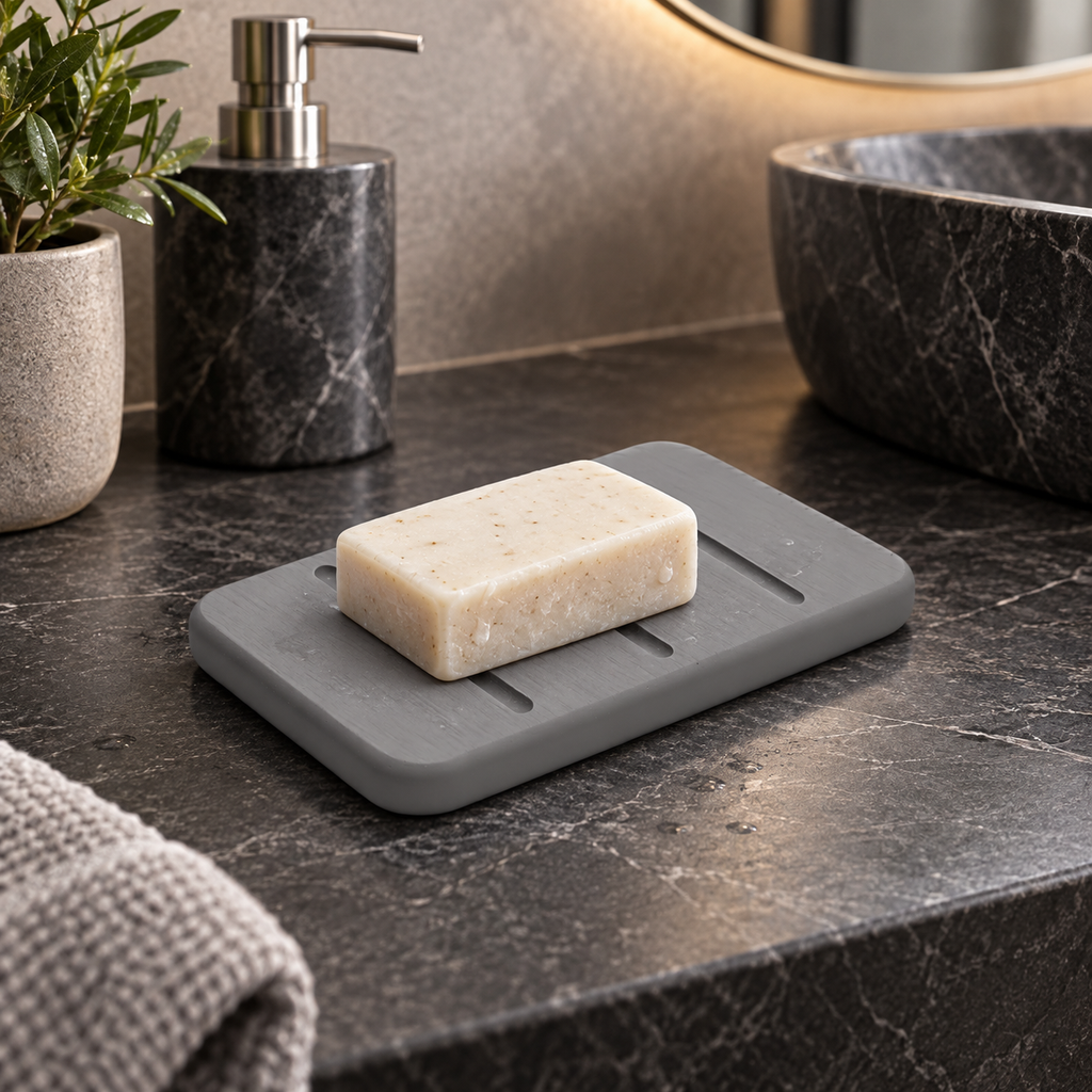 Porte Savon Design – Gris dans une salle de bain contemporaine