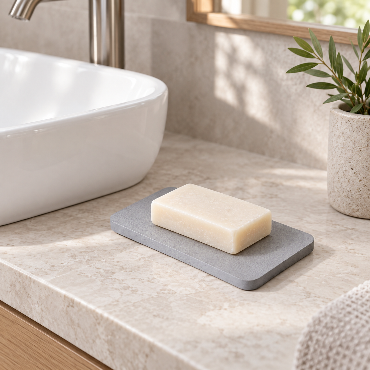 Porte Savon Gris sur un lavabo lumineux