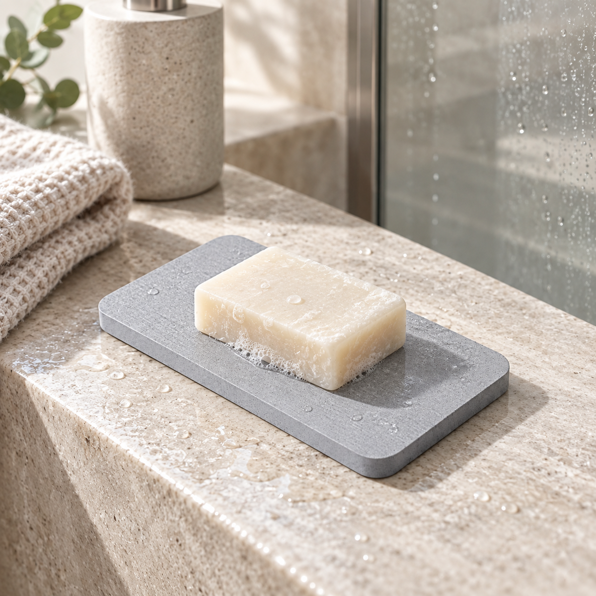Porte Savon Gris sur un meuble de salle de bain en bois