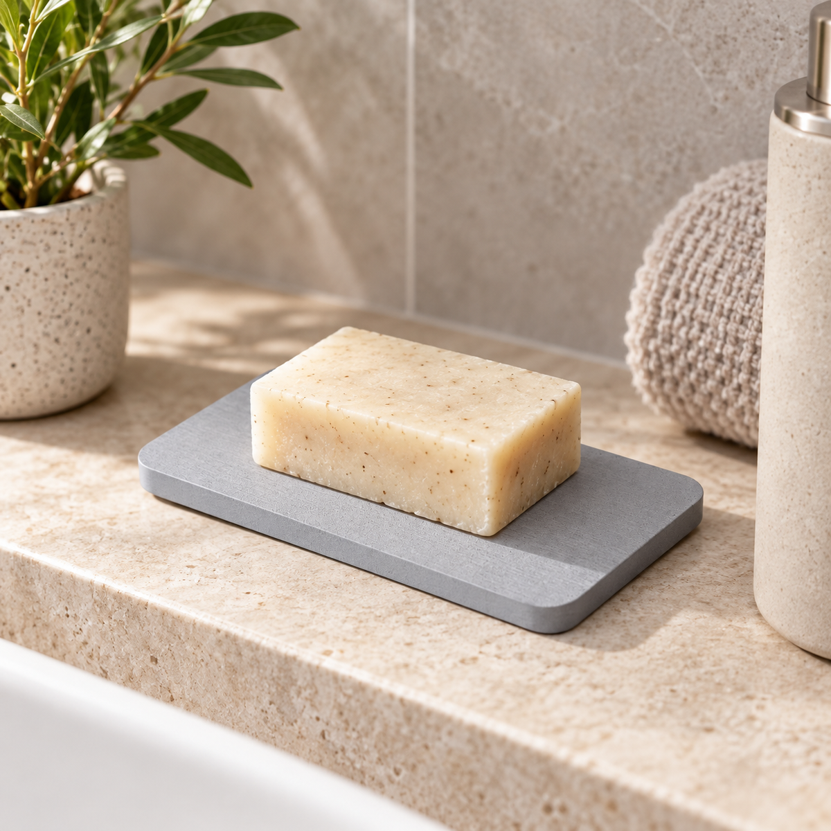 Porte Savon Gris sur une étagère ambiance spa