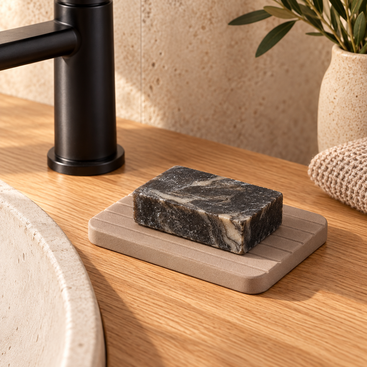 Porte Savon Marron – Marron / 9x12cm, Marron / 9x22cm dans une salle de bain contemporaine