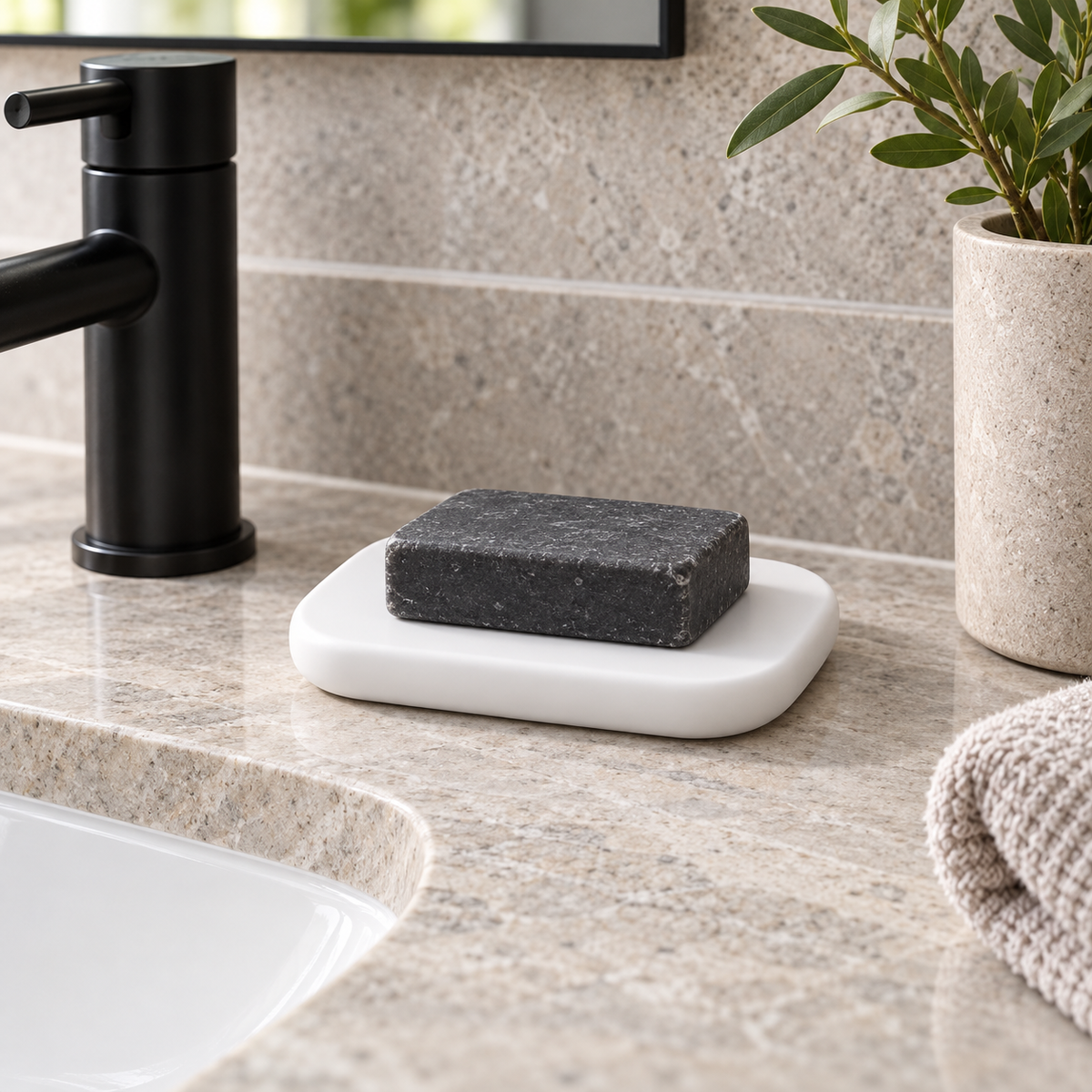 Porte Savon Moderne – Blanc sur un lavabo lumineux