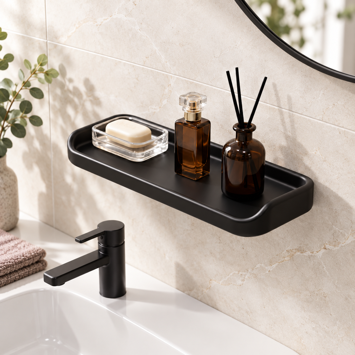 Porte Savon Mural – Noir sur un lavabo lumineux