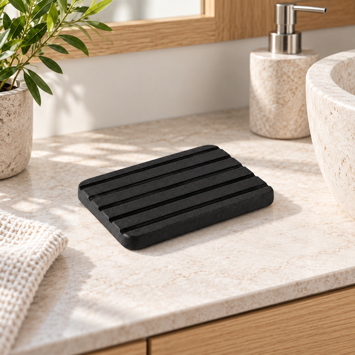 Porte Savon Noir sur un lavabo lumineux