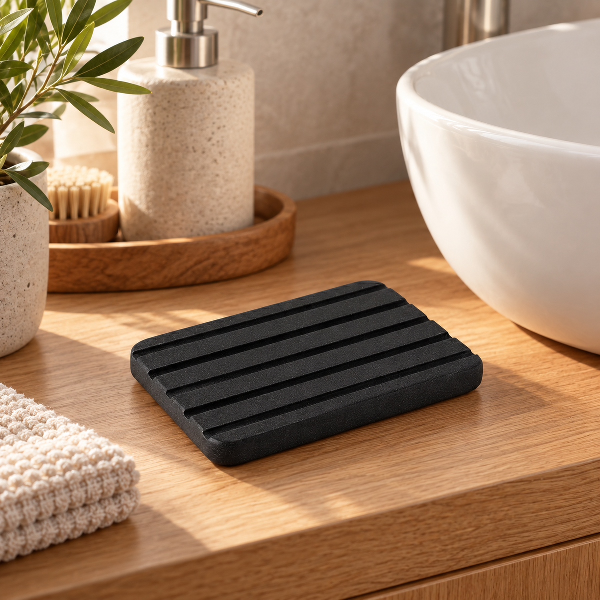 Porte Savon Noir sur une étagère ambiance spa