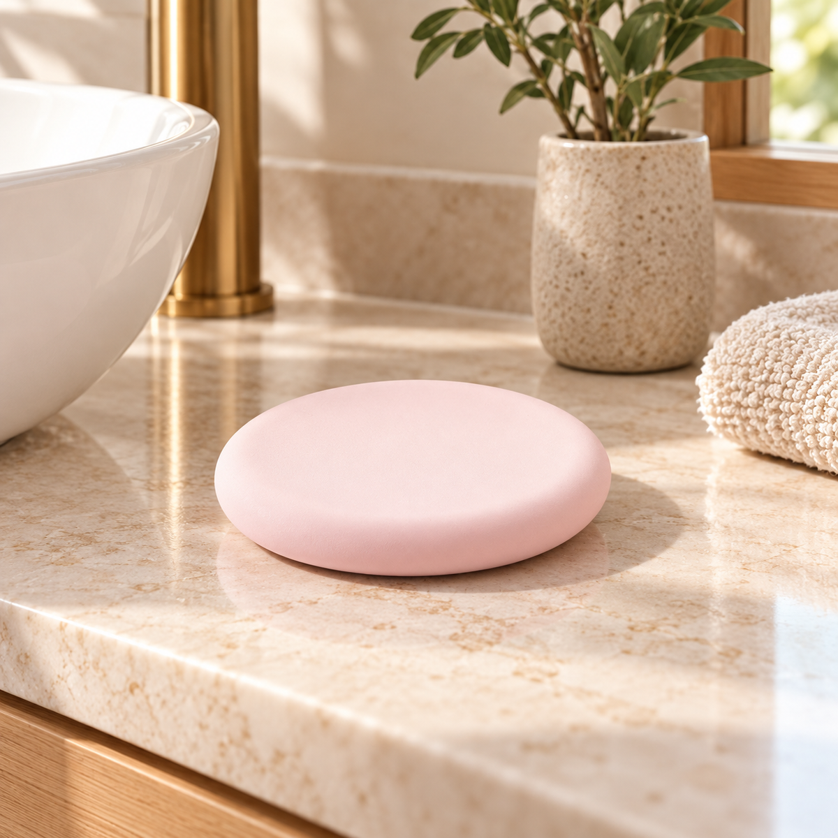 Porte Savon Rose – Rose / 28x23cm, Rose / 8x9cm sur un meuble de salle de bain en bois
