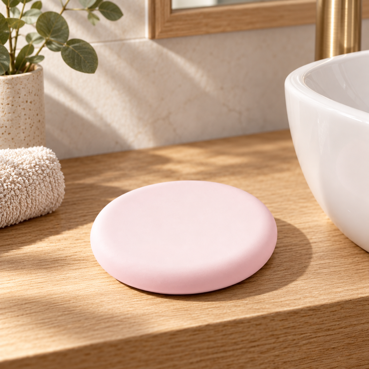 Porte Savon Rose – Rose / 28x23cm, Rose / 8x9cm sur une étagère ambiance spa