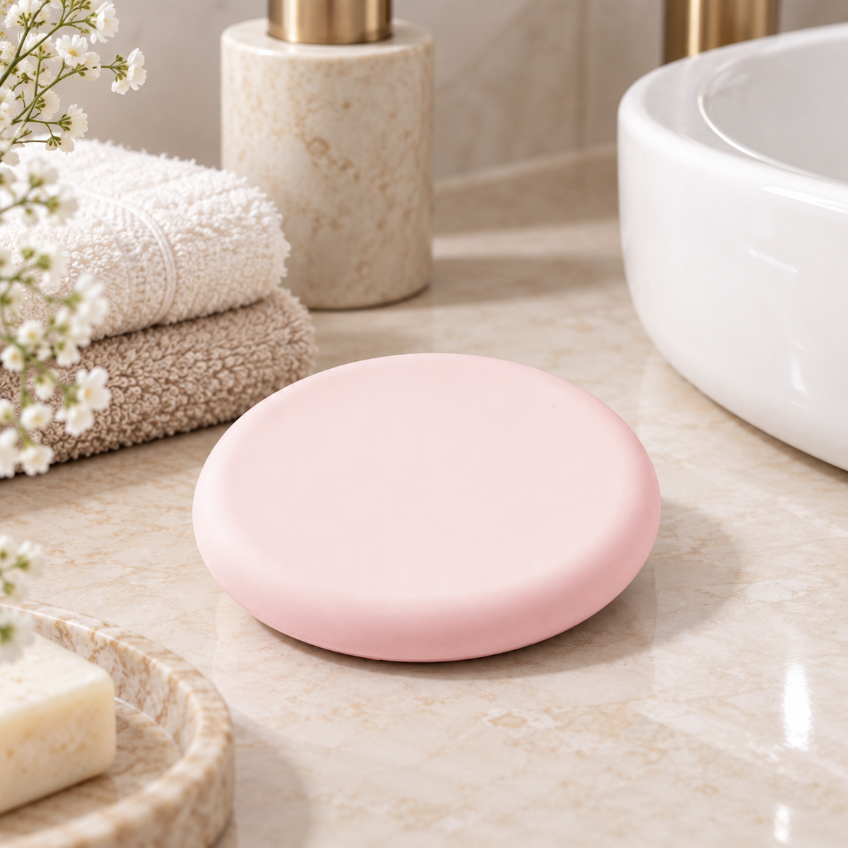 Porte Savon Voyage – Rose sur une étagère ambiance spa