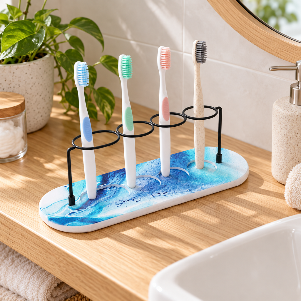 Rangement Brosse À Dents Diatomite – Bleu sur un meuble de salle de bain en bois
