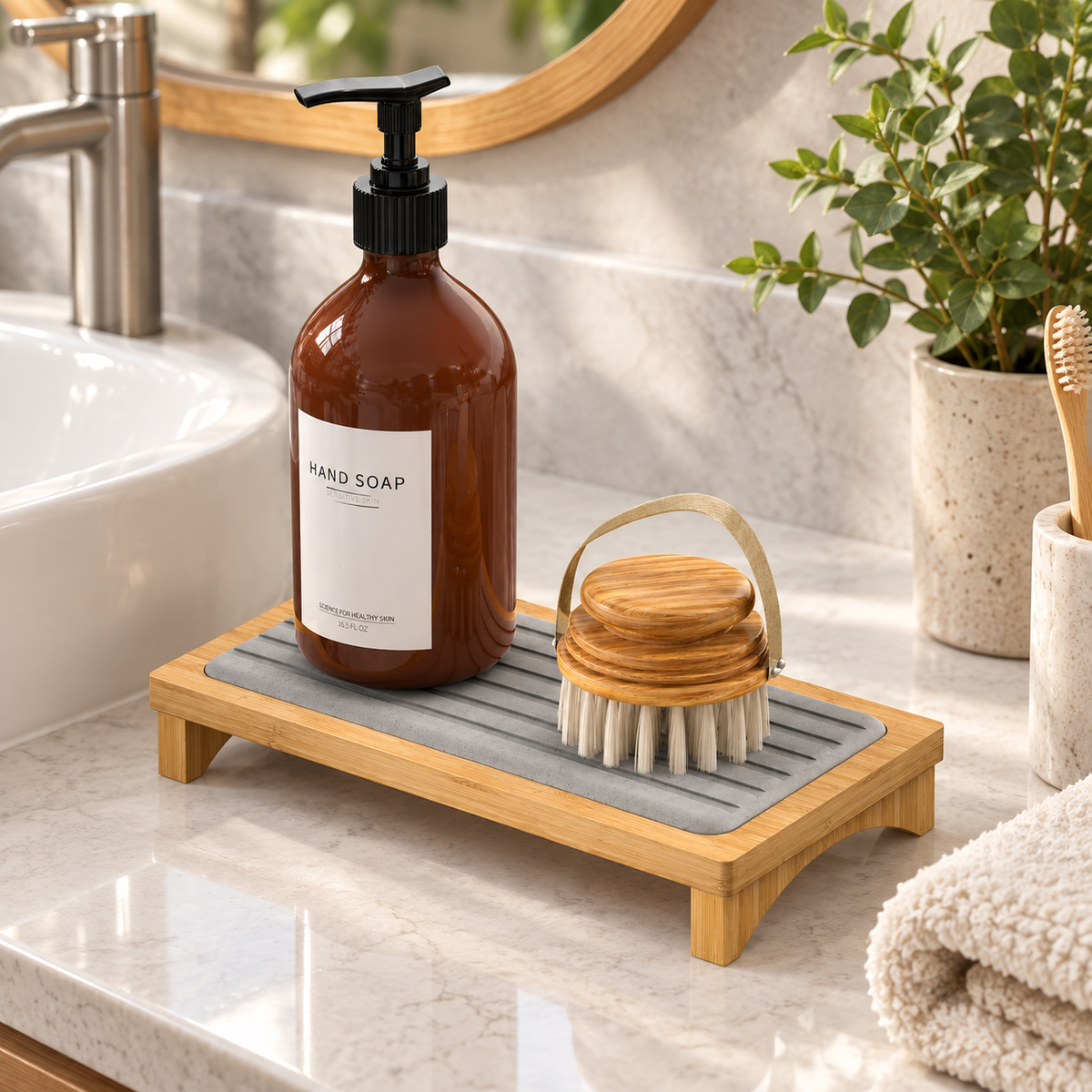 Rangement En Diatomite Bambou sur un lavabo lumineux