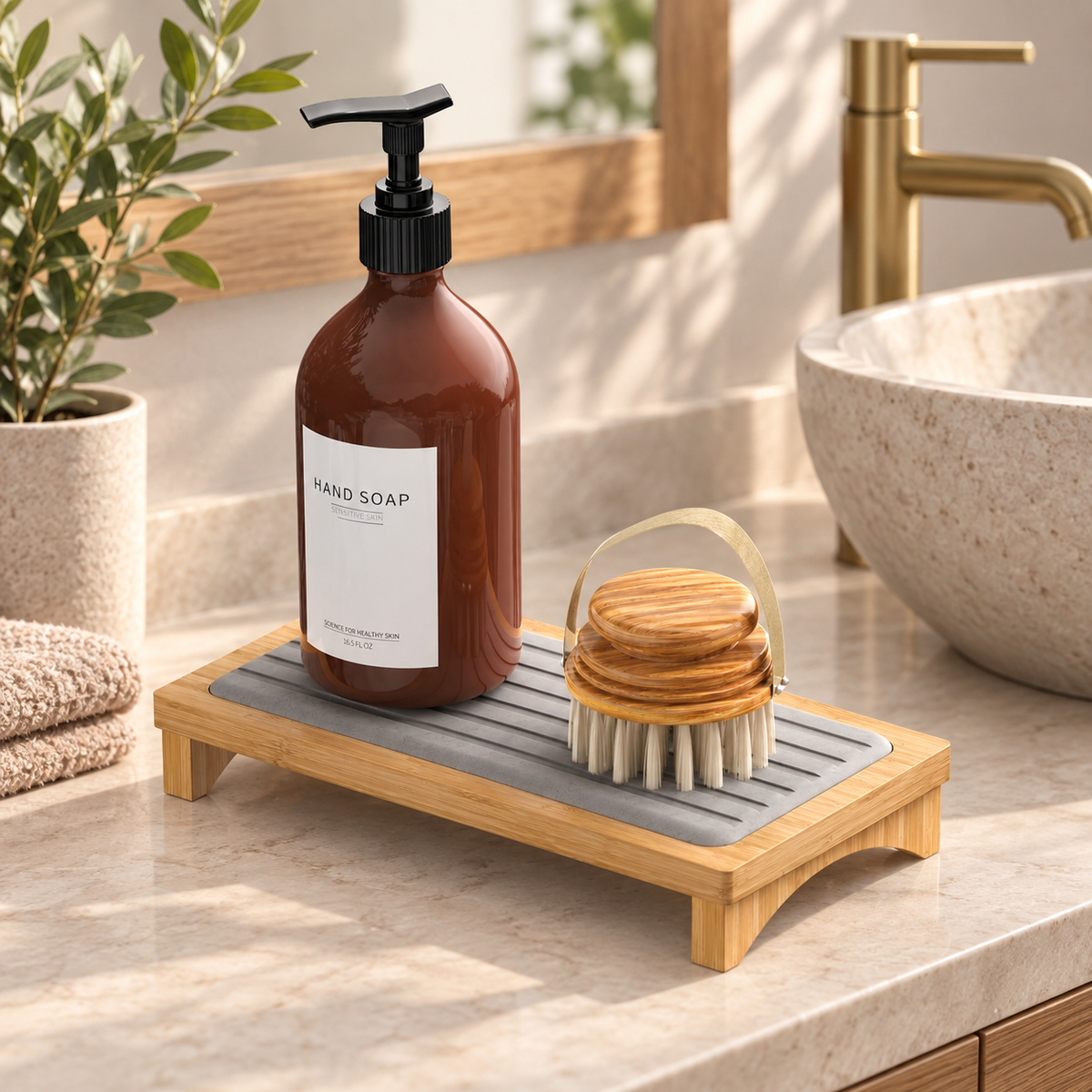 Rangement En Diatomite Bambou sur une étagère ambiance spa