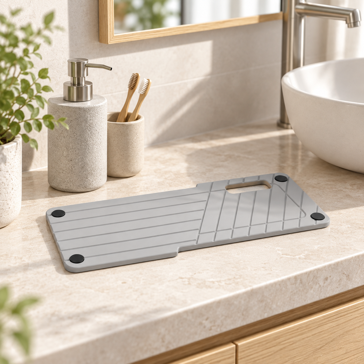 Rangement En Diatomite Gris – Gris Clair sur un lavabo lumineux