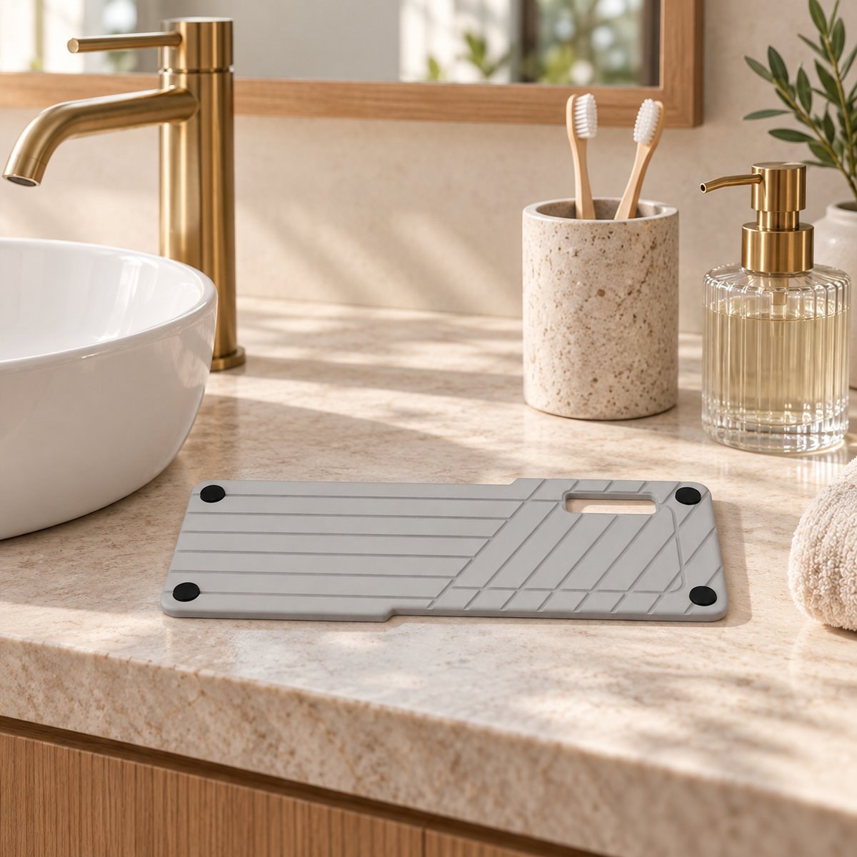 Rangement En Diatomite Gris – Gris Clair sur un meuble de salle de bain en bois