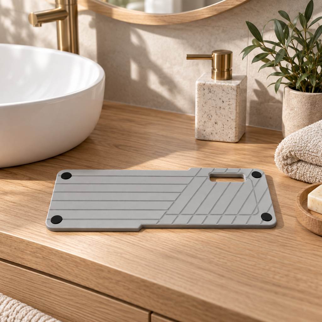 Rangement En Diatomite Gris – Gris Clair sur une étagère ambiance spa