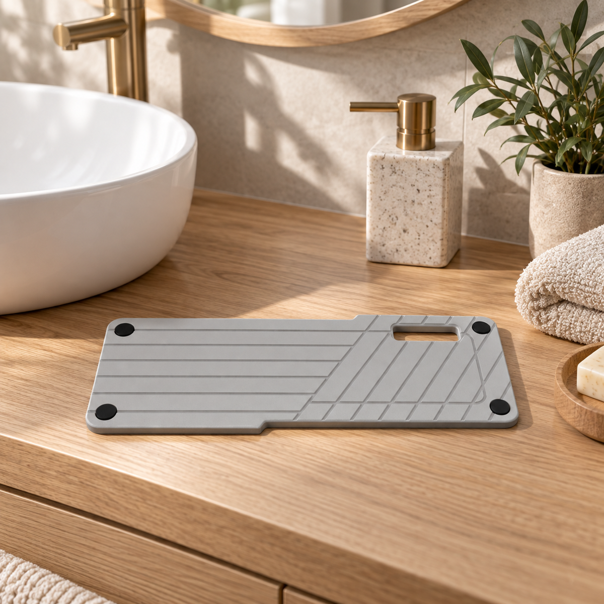 Rangement En Diatomite Gris – Gris Clair sur une étagère ambiance spa