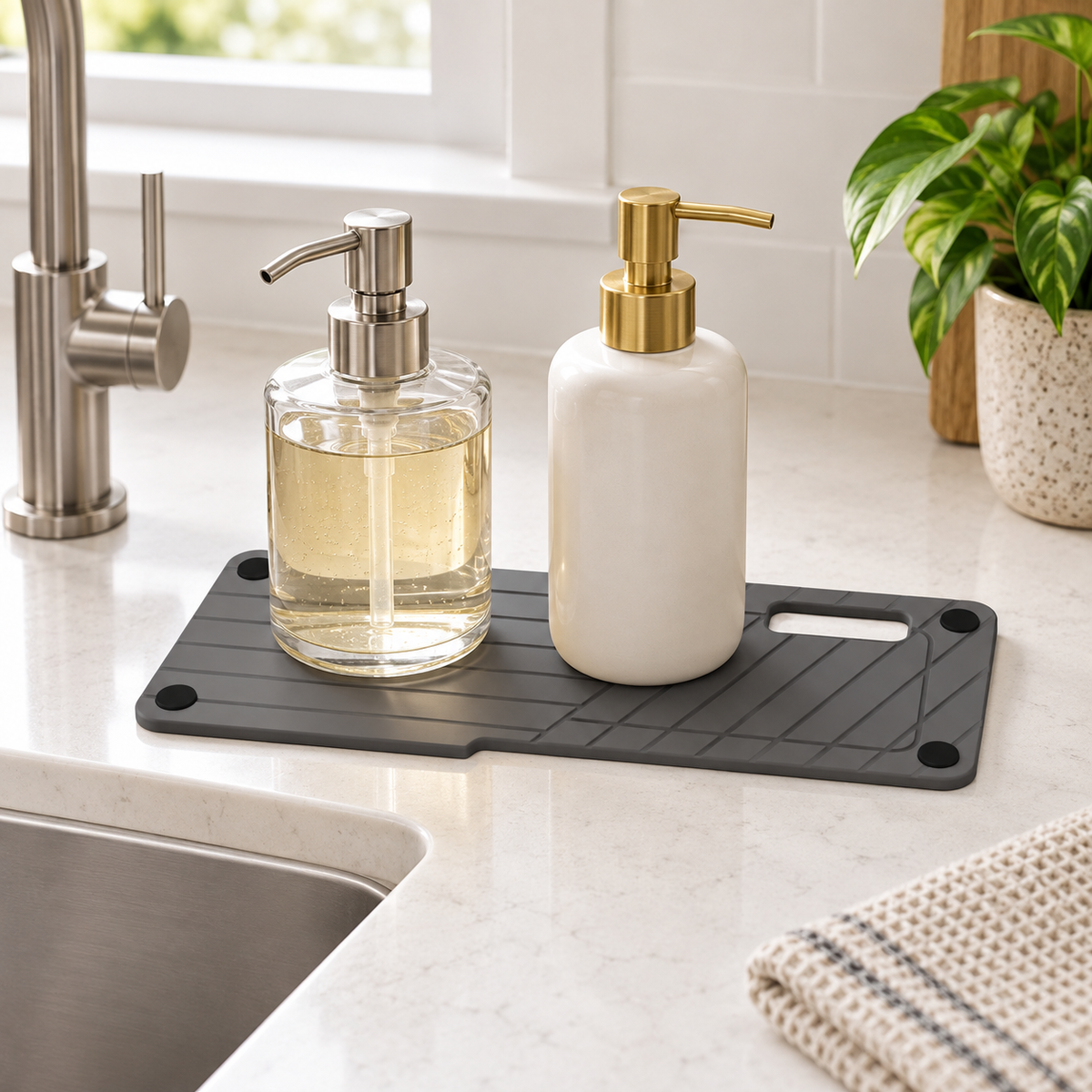 Rangement En Diatomite Gris – Gris Foncé sur un meuble de salle de bain en bois