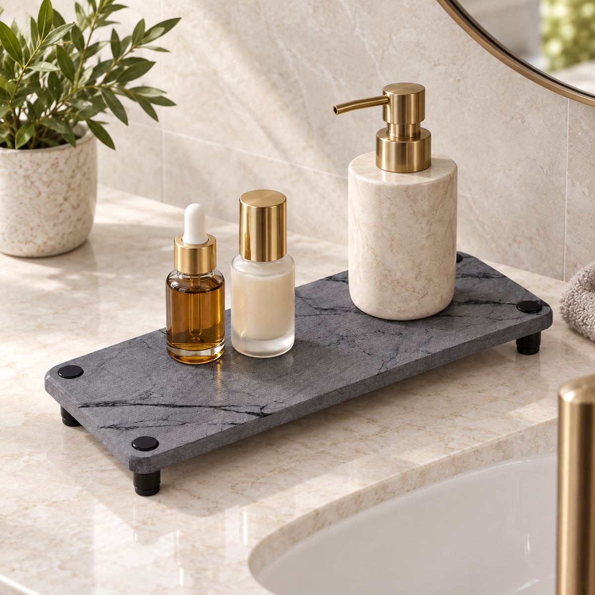 Rangement En Diatomite Marbré – Marbre / 25x10cm, Marbre / 28x12cm sur un lavabo lumineux