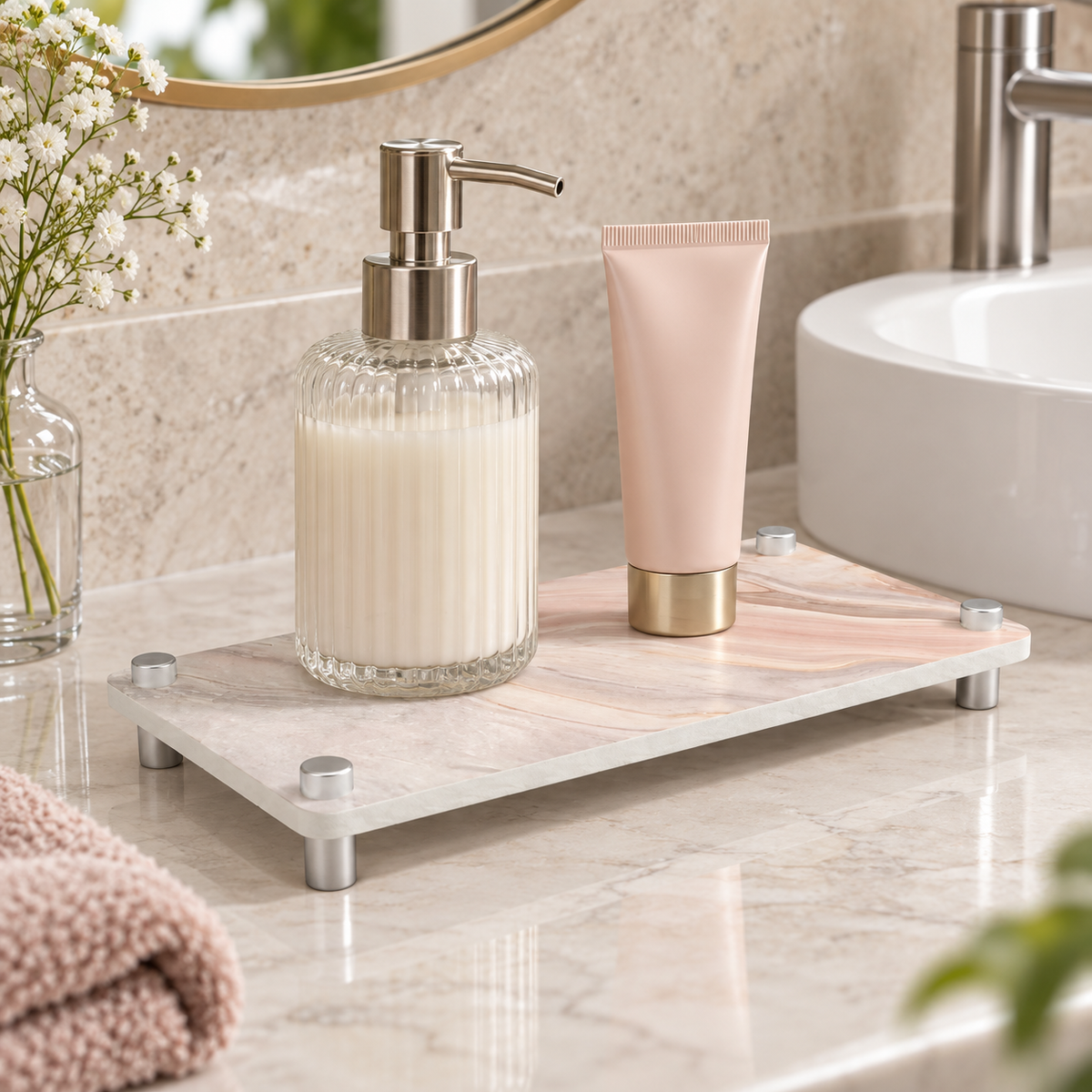 Rangement En Diatomite Rose – Rose / 25x10cm, Rose / 28x12cm sur un meuble de salle de bain en bois