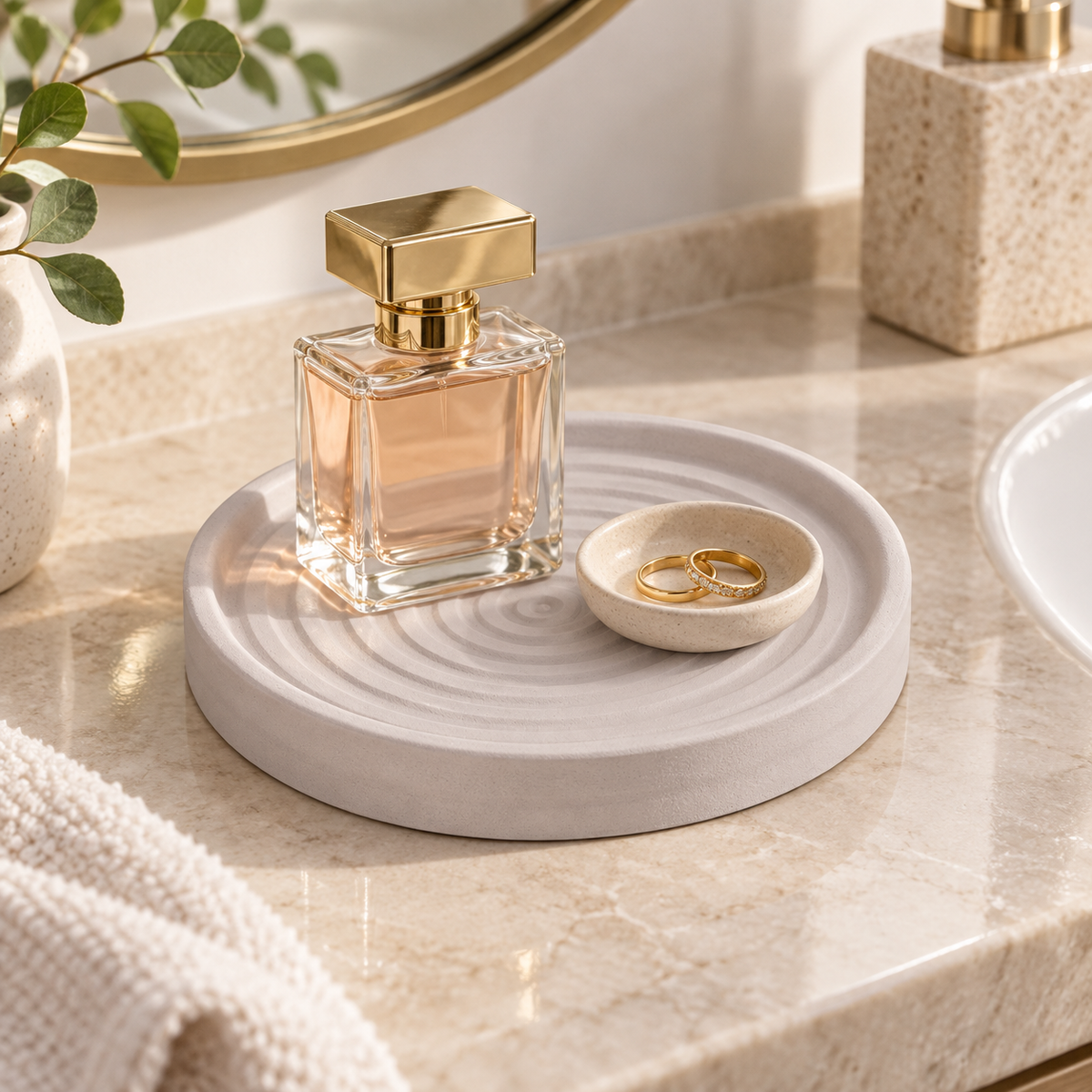 Rangement Forme Ronde En Diatomite – Gris sur un lavabo lumineux