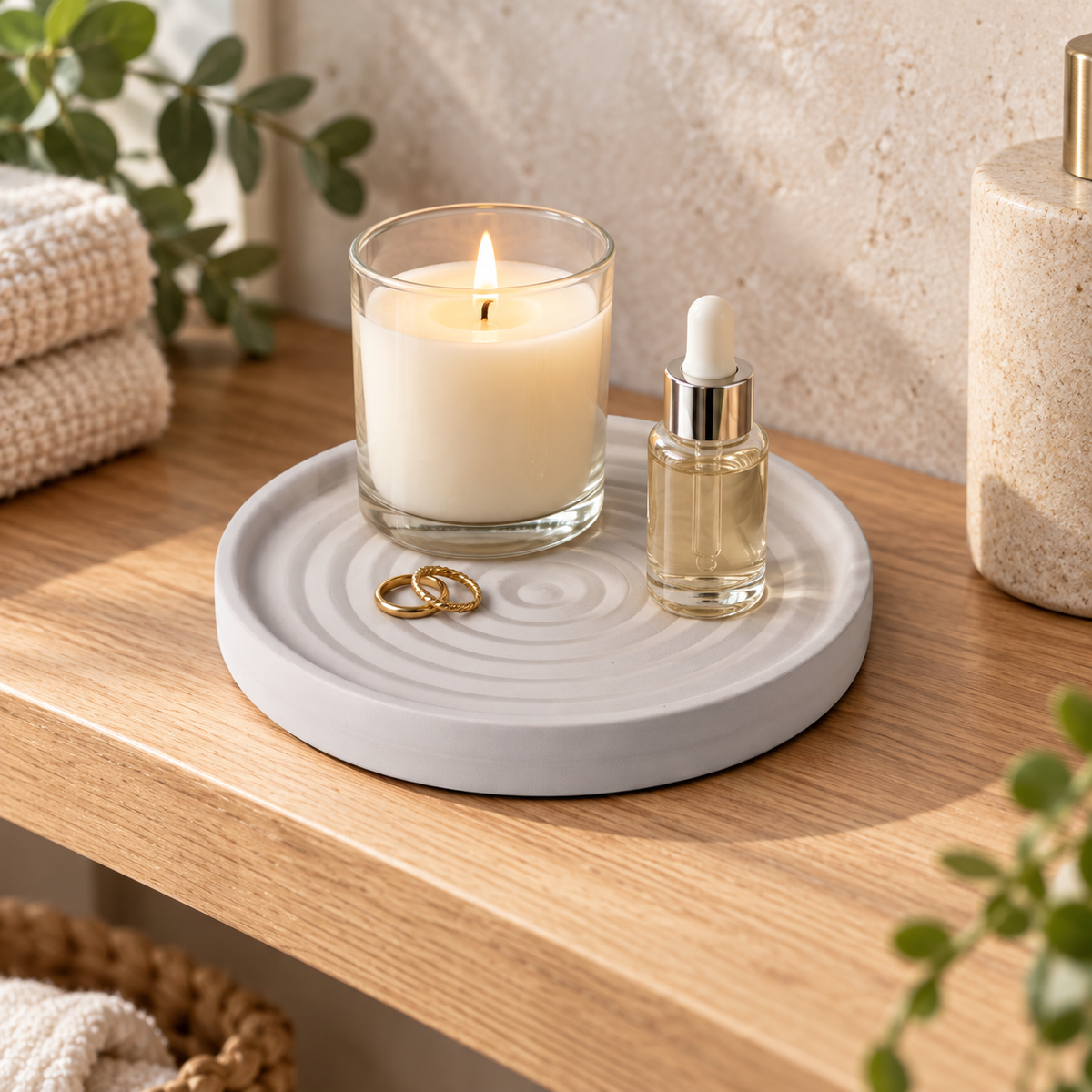 Rangement Forme Ronde En Diatomite – Gris sur une étagère ambiance spa