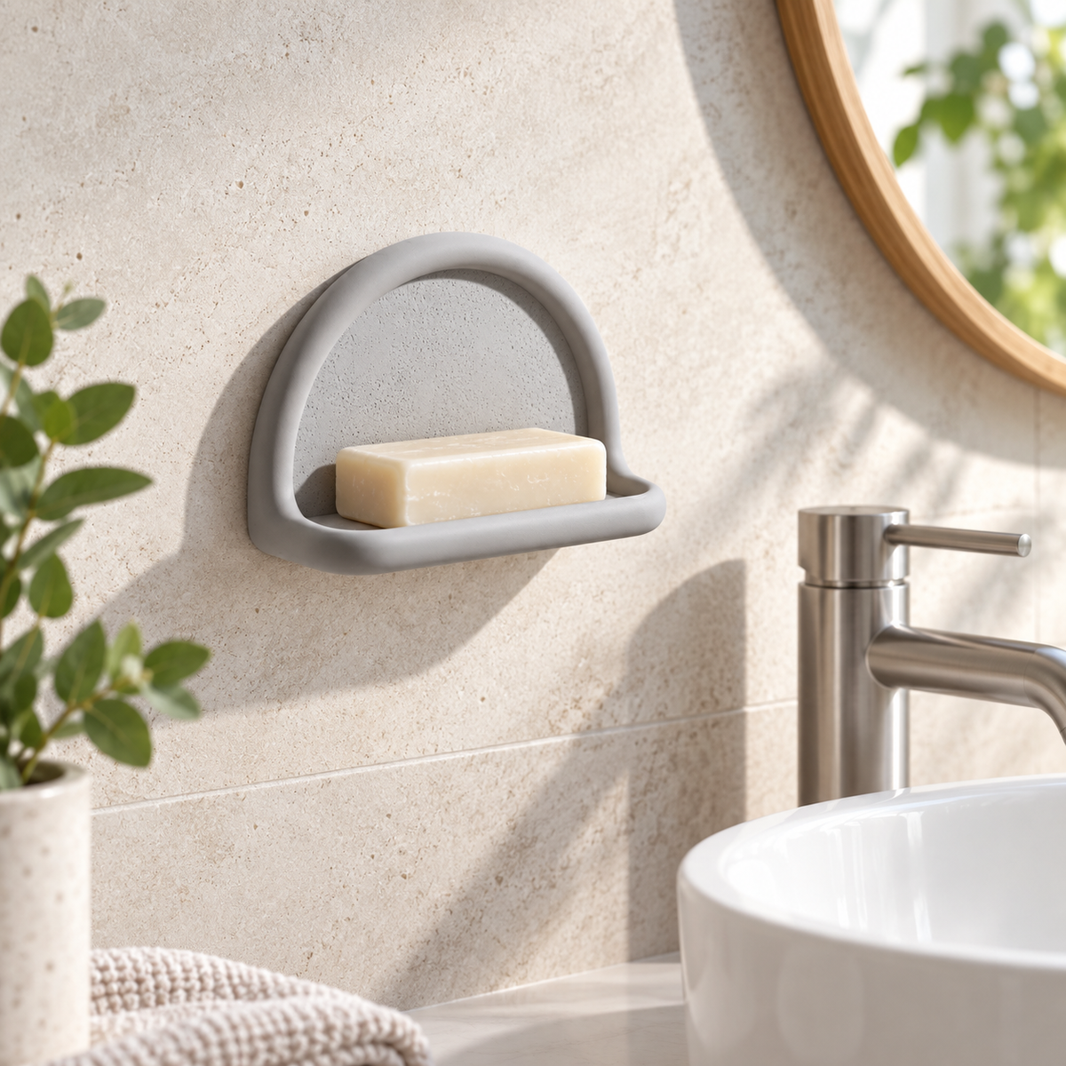 Support Mural En Diatomite – Gris sur un meuble de salle de bain en bois